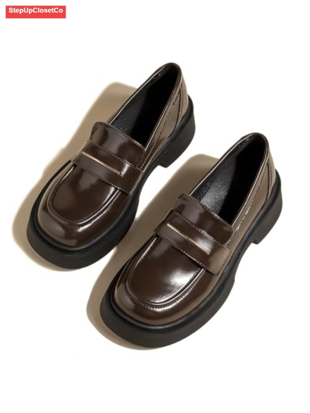 Leather Platform Loafers Chunky Heel Slip-On Business Casual Round Toe